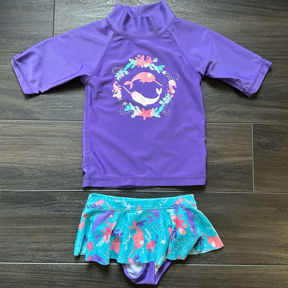 UV Skinz girls 3T swimsuit. Rash guard. Purple and turquoise.  Narwhal.